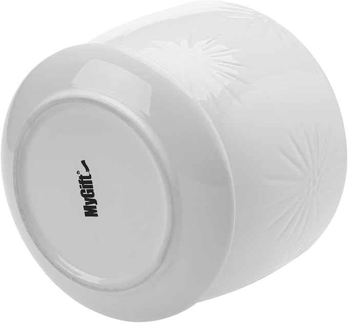 MyGift 7 Inch Round White Ceramic Plant Pot with Drainage Hole and Attached Saucer, Modern Decorative Embossed Sunburst Planter Container for Indoor Home Garden