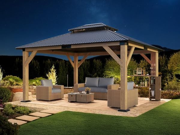 13x15 Wood Gazebo, Hardtop Outdoor Gazebo with Aluminum Double Roof, Outdoor Wooden Pavilion for Parties, Backyard, Patio, Lawns, Black + Natural Wood