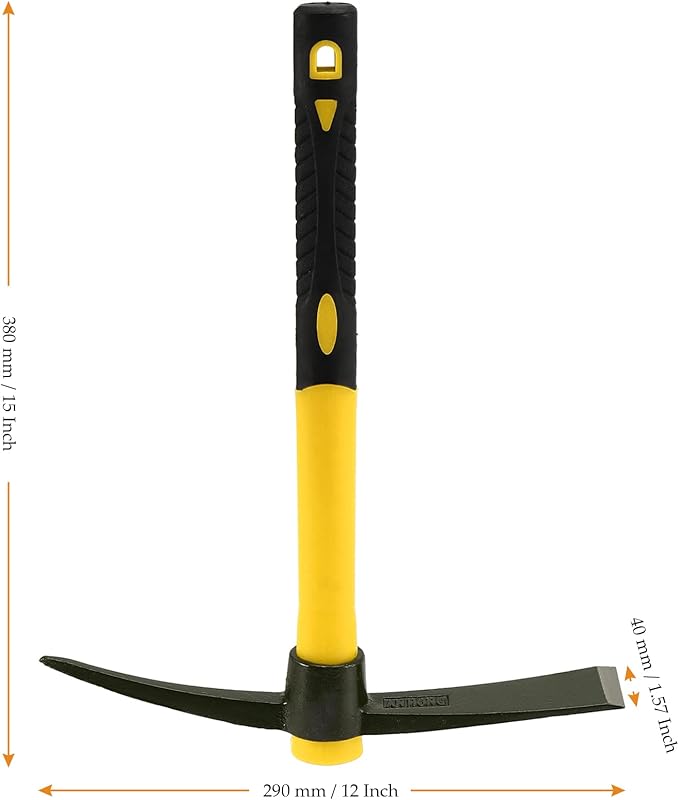 2 PCS 15 Inch Pick Mattock Hoe, Weeding Mattock Hoe with Yellow Fiberglass Handle, Garden Mattock Pick Axe for Loosening Soil, Cultivating and Prospecting, Forged Steel Head