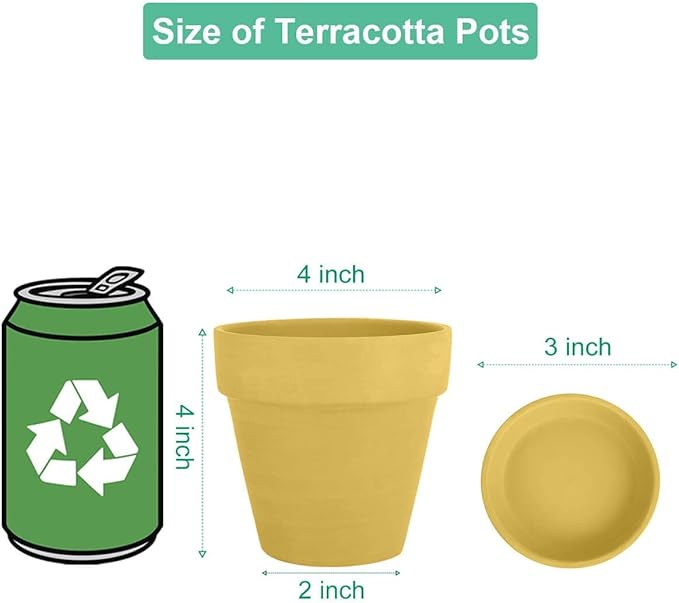 vensovo 4 Inch Small Yellow Terracotta Plant Pots with Saucer - 6 Pack Clay Flowerpots with Drainage, Great for Indoor Outdoor Plants, Crafts, Wedding Favor