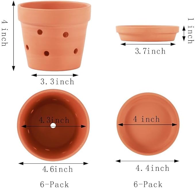 Yishang 4.6 Inch Clay Orchid Pots with Drainage Holes & Saucers - 6 Pack Small Terracotta Planter Pots for Repotting, Plant Flower Pots for Orchid Indoor & Outdoor, Promotes Air Circulation