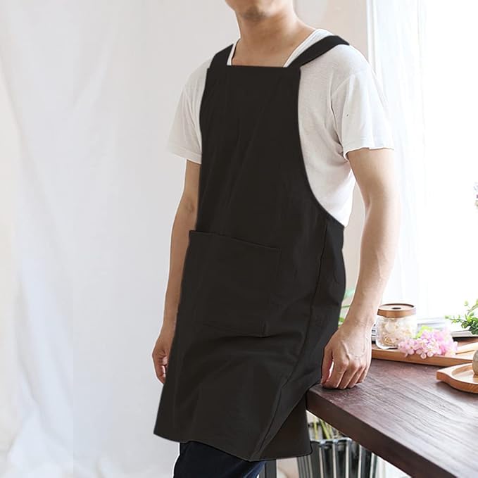 NEWGEM Japanese Linen Cross Back Cooking Aprons for Women Men with Pockets Cute for Baking Kitchen