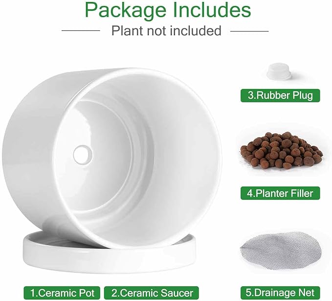 Aveyas 8 inch Ceramic Plant Pot with Drainage Hole and Saucer - Suitable for Indoor and Outdoor Use, Modern Planters for House Garden Flower Tree Snake Monstera Plants (8", Glossy White)