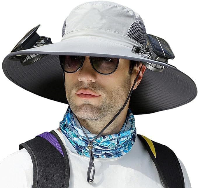 Outdoor Wide Brim Sun Hat with 2 Solar Fan Sun Bucket Hat for Men Women UPF 50+ Bucket Fishing & Beach Hat with Fan Built in