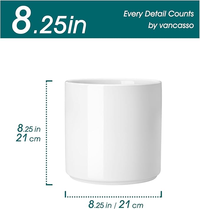 vancasso 8 Inch Ceramic Pot for Plants, Round Outdoor Indoor Planter Pots with Drainage Holes, White