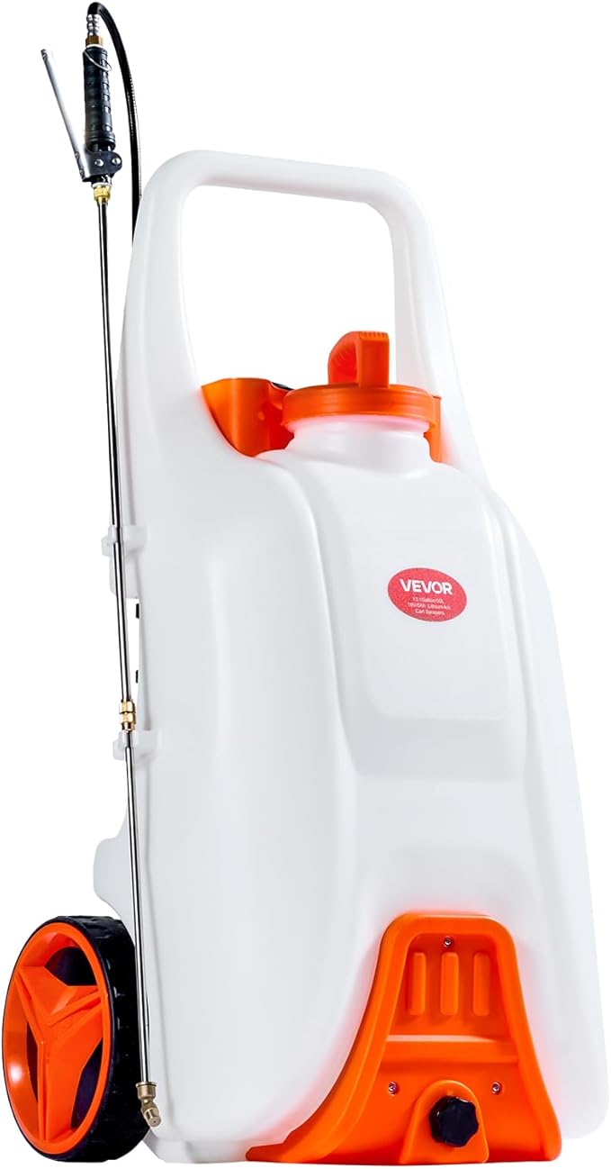 VEVOR 13.1 Gallon Battery Powered Sprayer with Wheels, Adjustable 0-80 PSI, 5 Nozzles and 98ft Hose Included, Orange