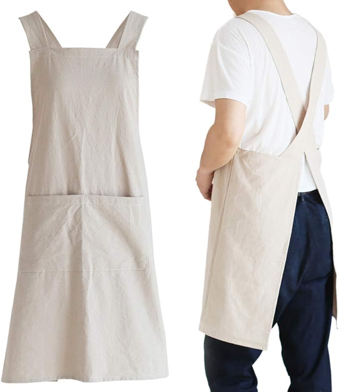 NEWGEM Japanese Linen Cross Back Cooking Aprons for Women Men with Pockets Cute for Baking Kitchen