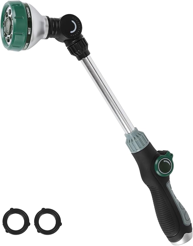 Watering Wand for Garden Hose, 17.5 Inch, 8 Spray Patterns, Garden Hose Nozzle with Thumb Flow Control, Adjustable Water Sprayer with Pivoting Head, Ideal for Hanging Baskets and Shrubs