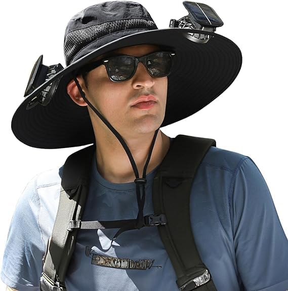 Solar Fan Hat Wide Brim Solar Fan Outdoor Fishing Hat Solar Powered Fan Sun Hat with 2 Removable Fans for Hiking Gardening