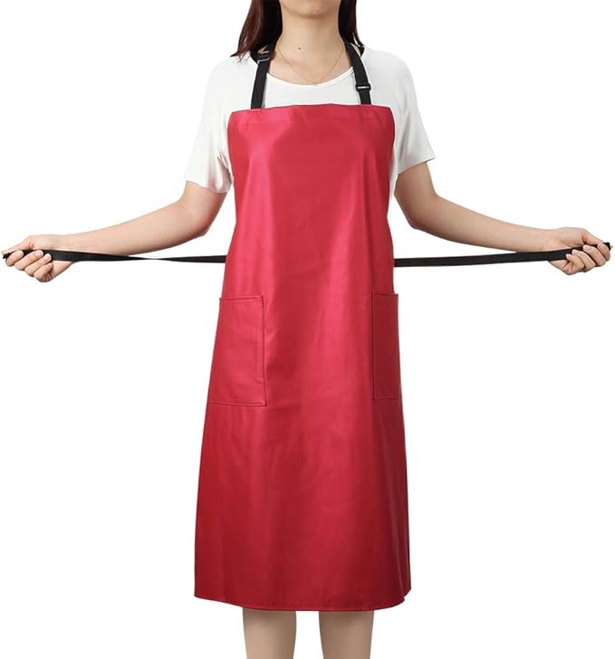 VWELL Waterproof Rubber Vinyl Apron for Women - Chemical Resistant Work Cloth with 2 Pockets - Adjustable Bib Butcher Apron - Best for DishWashing, Lab Work, Dog Grooming, Cleaning Fish (Red)