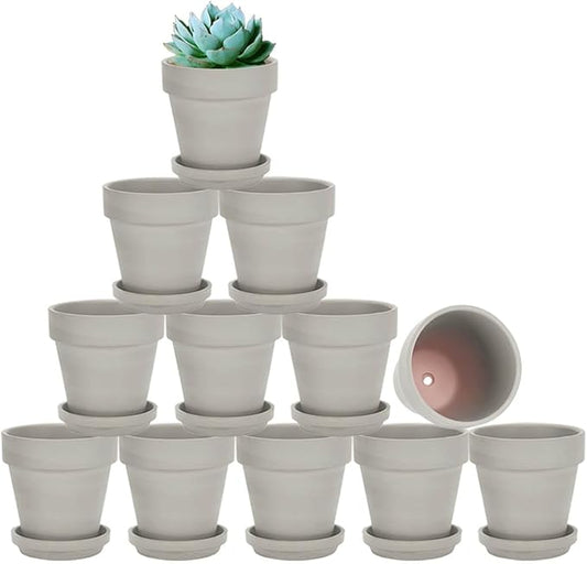 vensovo 3 inch Grey Terracotta Clay Pots for Plants with Saucer - 12 Pack Small Terra Cotta Planter Great for Garden Windowsill Indoor & Outdoor Wedding Favors Gifts