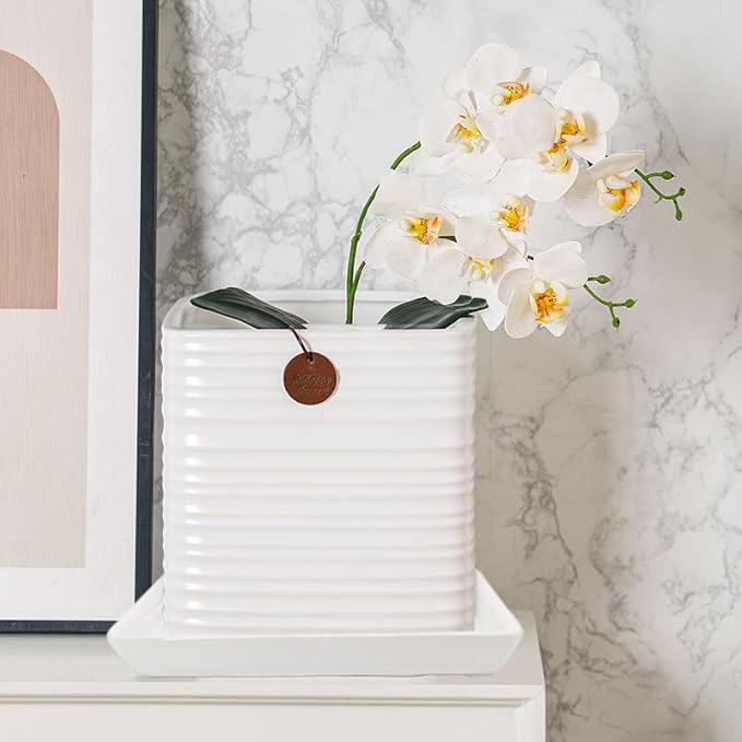 Square Plant Saucer 8 Inch 2 Pack，Plant Trays for Pots, White Ceramic Plant Saucers for Indoors Outdoors, Plant Drip Tray 4 6 8 10 12 14 Inch