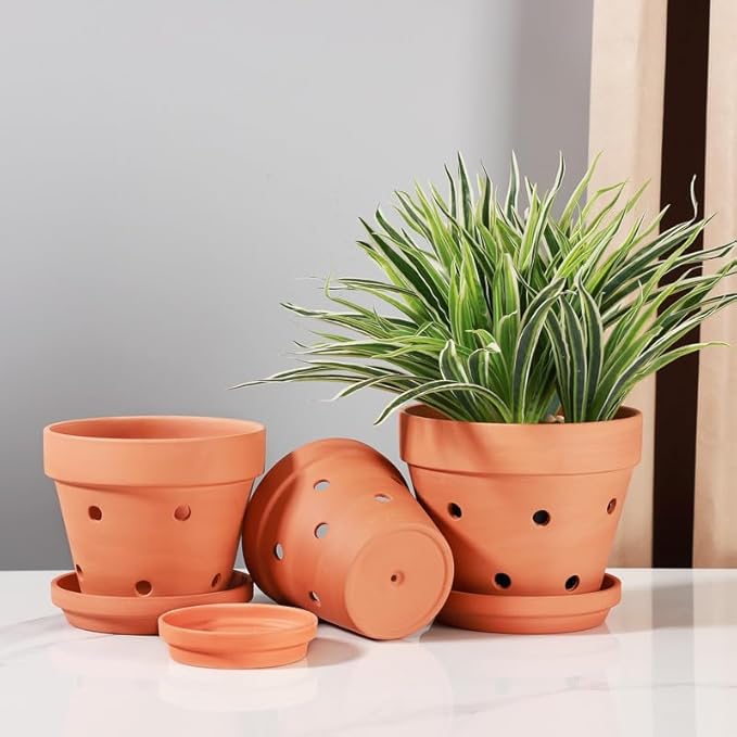 Yishang Terracotta Orchid Pots with Saucer&Holes,Clay Orchid Planter Pots for Repotting,Small Flower Plant Pots for Orchid Indoor or Outdoor Promotes Air Circulation,6 Inch & 7 Inch & 8 Inch,Set of 3