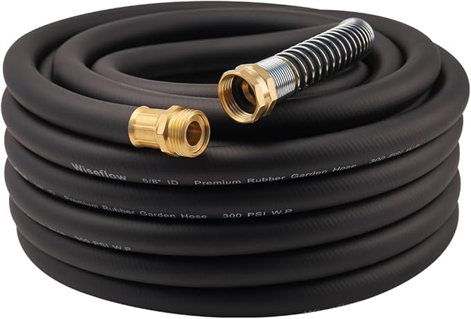WiseFlow Garden Hose 50FT x 5/8", Heavy Duty Rubber Hose, 1000PSI Burst, 300PSI Working, Water Hose with Five Layered Braiding, Male Female Fittings (Black)