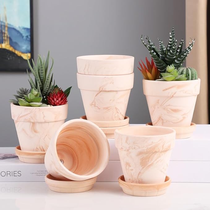 Fcacti 4 Inches Small White Mixed Terracotta Pots with Saucer, 6 Pack 4" Terra Cotta Planter with Drainage Holes,Small Clay Flower Pots for Plants,Succulents,Crafts,Wedding Favor
