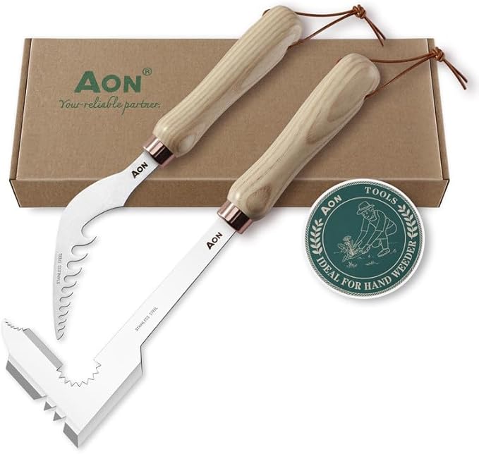 AON 2-Pack Hand Crack Weeder Puller Tool Set - Made with Heat Treated Steel and Ash Wood Ergonomic Handles, Weeding Tools Ideal for Gardens and Patio Lawns to Effectively Pull Out Weeds & Their Roots