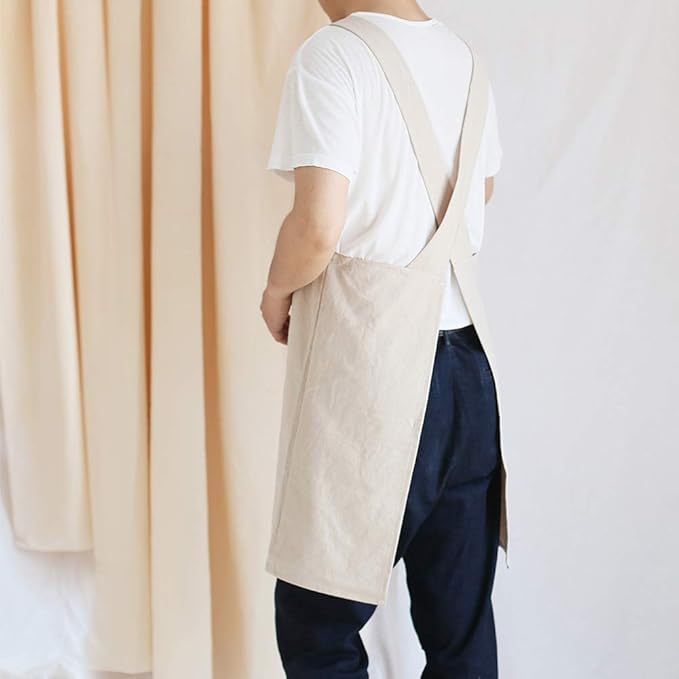 NEWGEM Japanese Linen Cross Back Cooking Aprons for Women Men with Pockets Cute for Baking Kitchen