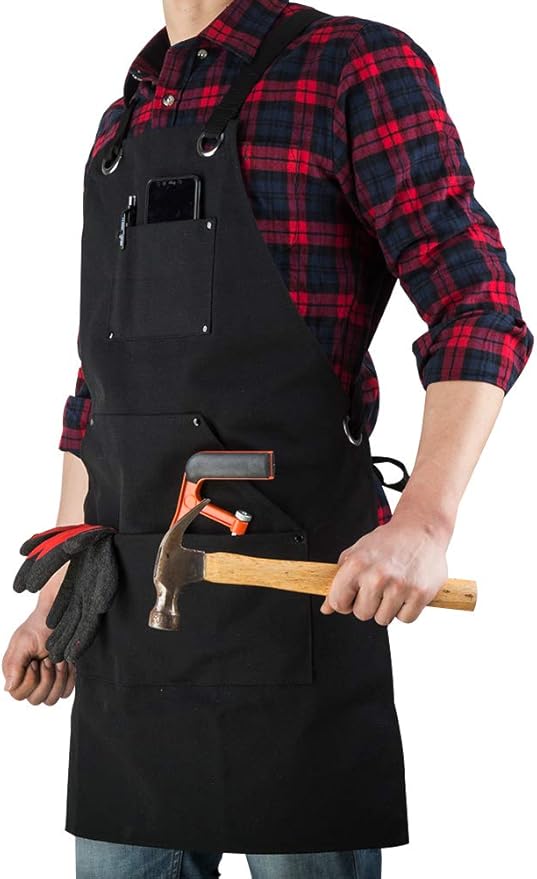 16 Oz Canvas Apron for Men - Black Heavy Duty Work Apron for Carpenters,Woodworkers,Blacksmith,BBQ,Gardener, workshop