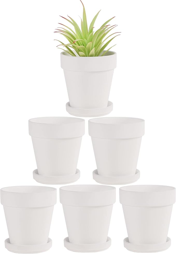 Fcacti 4 Inches Small White Terracotta Pots with Saucer, 6 Pack 4" Terra Cotta Planter with Drainage Holes, Small Clay Flower Pots for Plants, Succulents, Crafts, Wedding Favor