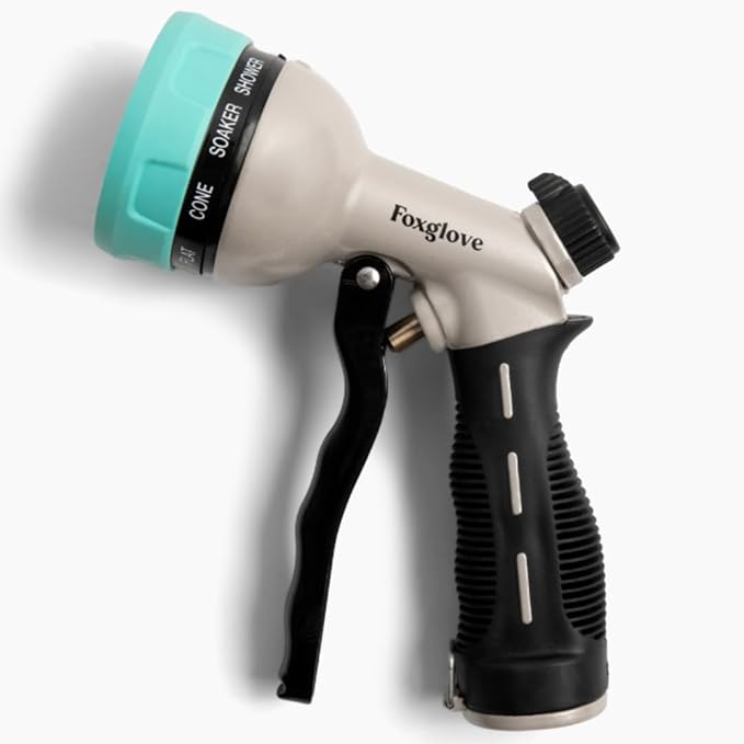 Foxglove Garden Hose Sprayer with 10 Spray Patterns. Adjustable Heavy Duty Hose Spray Nozzle with Flow Control. Ergonomic Handle for Watering Plants, Flowers and Lawns, Car, and Pet Washing.