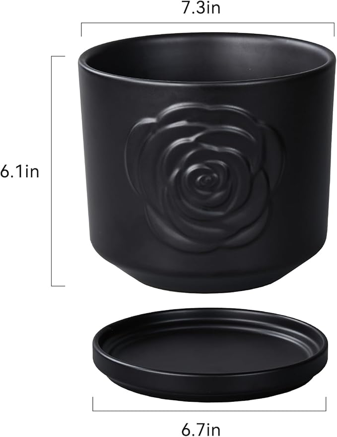 Ekirlin 7 inch Flower Plant Pot Indoor - Ceramic Garden Planters, Modern Rose Pattern Plant Pots with Drain Hole Saucer, Weatherproof Decorative Pot for Home, Office & Outdoor (Black)