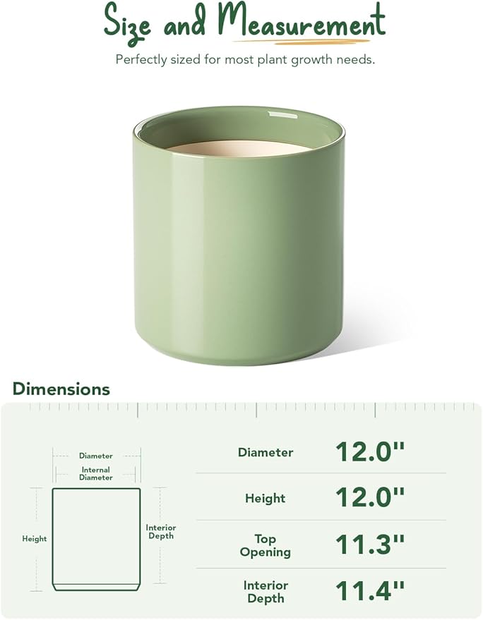 LE TAUCI 12 Inch Pots for Plants, Ceramic Large Plant Pot for Indoor Plants, Mid-Century Modern Planter Pot with Drainage Hole, Reactive Glaze Green