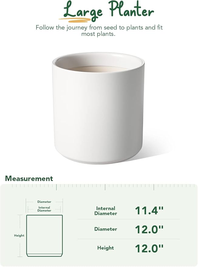 LE TAUCI 12 Inch Pot for Plants, Ceramic Large Planter for Indoor Plants, Mid-Century Modern Flower Pots with Drainage Hole and Removable Plug, White