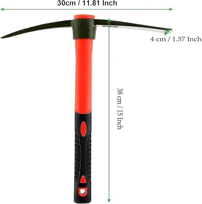 15 Inch Pick Mattock Hoe, Forged Steel Weeding Pick Axe with Fiberglass Long Handle Garden Tool for Digging, Gardening, Camping, Prospecting, Construction Work