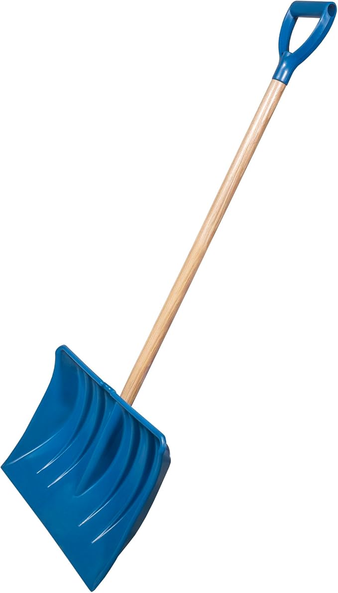 Farm-TUFF Heavy Duty Multi-Purpose Shovel - Snow, Barn, Grain, Industrial Use - Large Non-Stick Blade & Ash Hardwood D-Grip Handle - Durable & Lightweight Utility Scoop - Blue, 18in