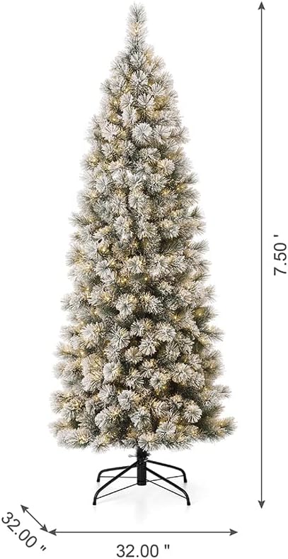 Glitzhome 7.5ft Pre-Lit Flocked Pencil Pine Artificial Christmas Tree with 350 Warm White Lights and Foldable Metal Stand for Home, Office, Party Decoration, Easy Assembly