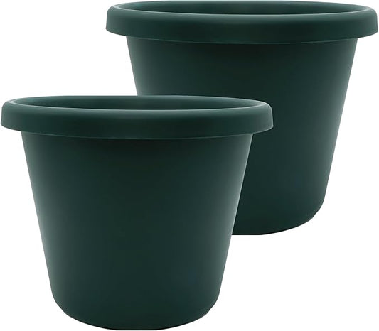 The HC Companies Classic Round Plastic Plant Pot w/Rolled Rim - Lightweight & UV Resistant Flower Pot for Herbs & More - Outdoor & Indoor Plant Pots w/Drainage (11.5 inch Evergreen, Pack of 2)