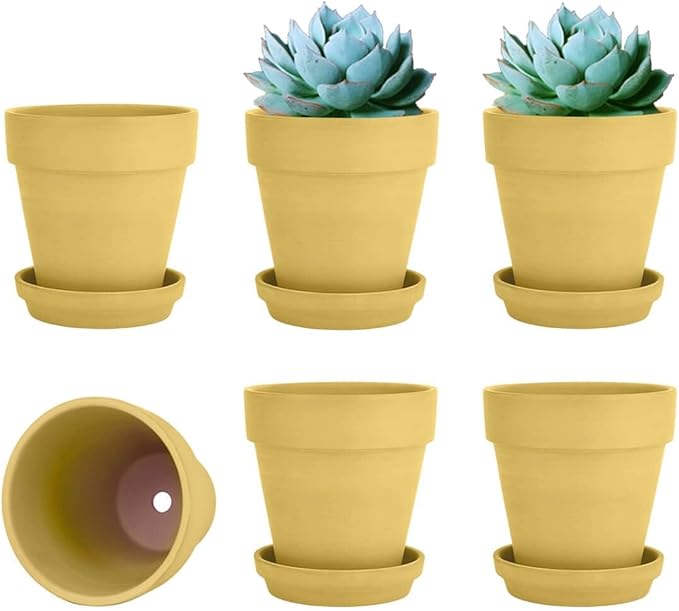 vensovo 4 Inch Small Yellow Terracotta Plant Pots with Saucer - 6 Pack Clay Flowerpots with Drainage, Great for Indoor Outdoor Plants, Crafts, Wedding Favor
