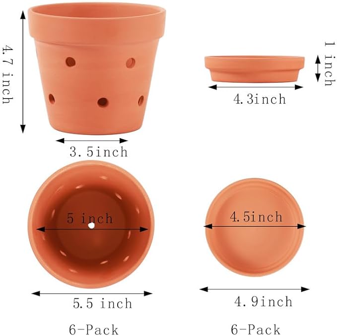Yishang 5.5 Inch Clay Orchid Pots with Drainage Holes & Saucers - 6 Pack Small Terracotta Planter Pots for Repotting, Plant Flower Pots for Orchid Indoor & Outdoor, Promotes Air Circulation
