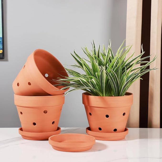 Yishang 8 Inch Clay Orchid Pots with Drainage Holes & Saucers - 3 Pack Large Terracotta Planter for Repotting, Plant Flower Pots for Orchid Indoor & Outdoor, Promotes Air Circulation
