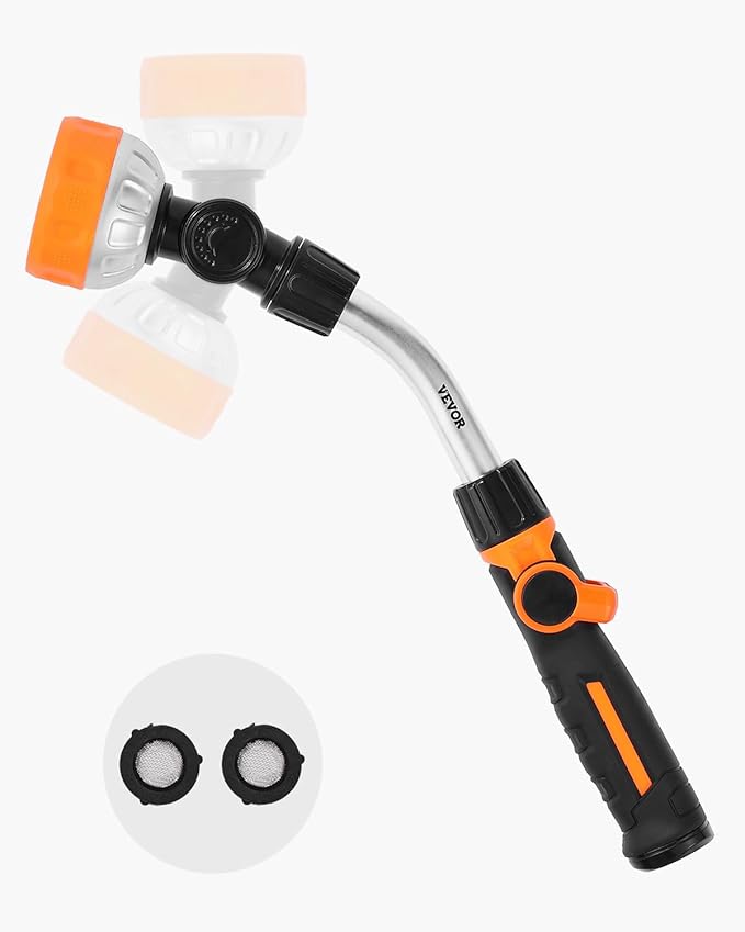 VEVOR Watering Wand, 15-Inch Robust Yard Hose Stick with 8 Spraying Modes & 180° Pivoting Head, Extended Hose Spray Apparatus with Thumb Operated On/Off