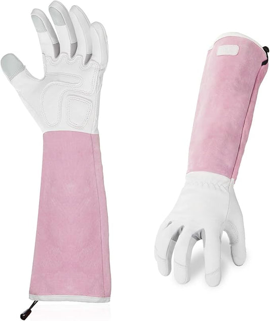 Vgo... 1-Pair Premium Genuine Goat Leather Extra-Long Cuff Thornproof Gardening Gloves (Size M, Pink White, GA1013)