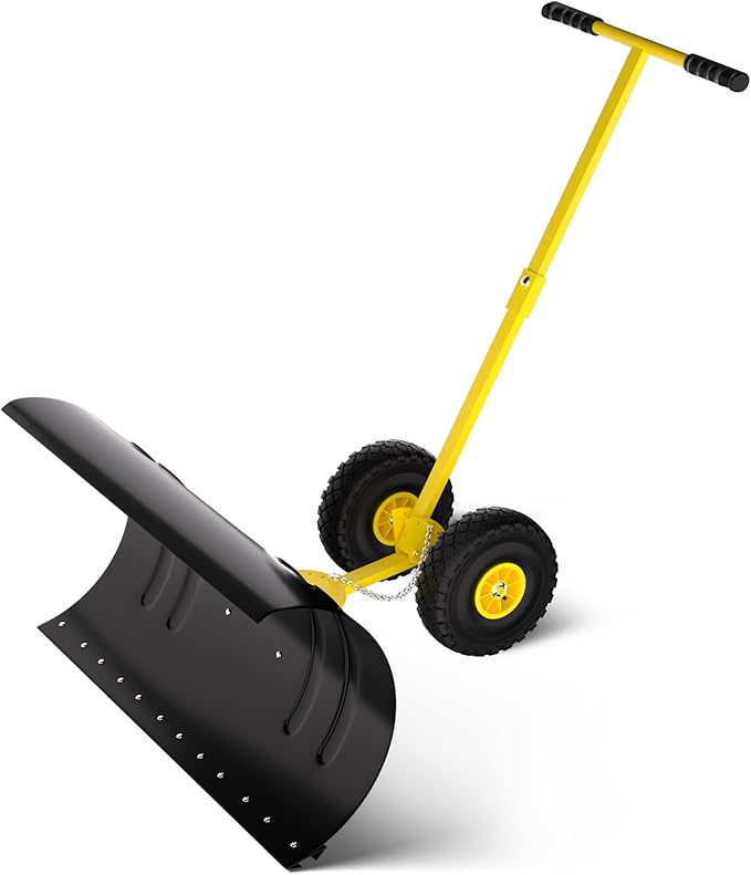36" Snow Pusher Shovel with Wheels, Adjustable Ergonomic T-Handle Snow Plow for Driveway, Heavy Duty Wheeled Rolling Shovels for Driveway and Sidewalks with Angeled Blade