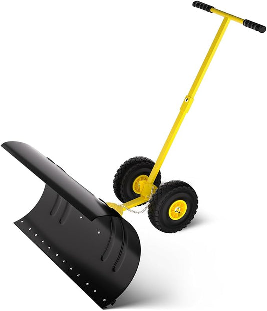 36" Snow Pusher Shovel with Wheels, Adjustable Ergonomic T-Handle Snow Plow for Driveway, Heavy Duty Wheeled Rolling Shovels for Driveway and Sidewalks with Angeled Blade