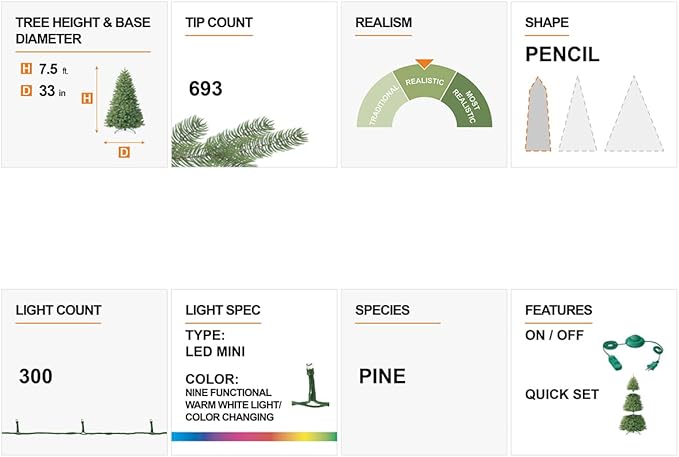 Glitzhome 7.5ft Pre-Lit Flocked Artificial Christmas Tree, Portland Snowy Pine Pencil Christmas Tree with 300 LED Lights, 9 Functional Warm White/Multi-Color, Remote Controller