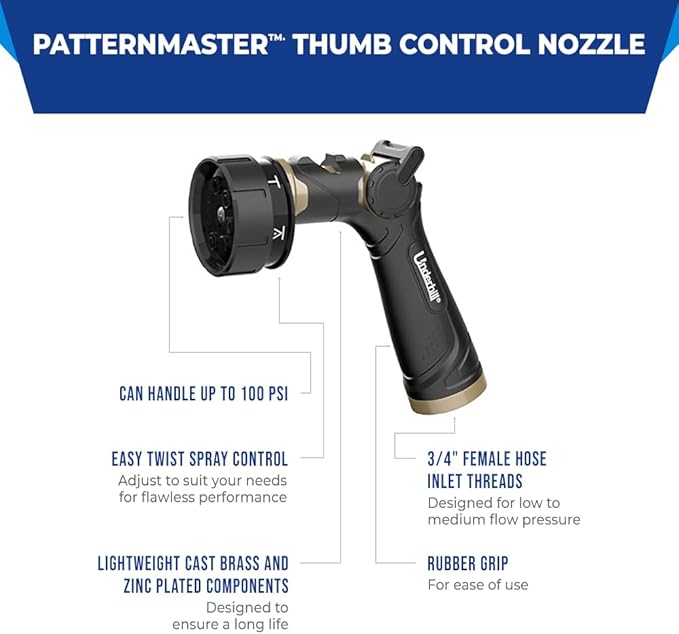 Underhill Pattern Master Gold Series Garden Water Hose Nozzle Sprayer Head, 3/4-Inch Thread Inlet, Heavy-Duty, Adjustable 7 Spray Patterns, NG250-8S
