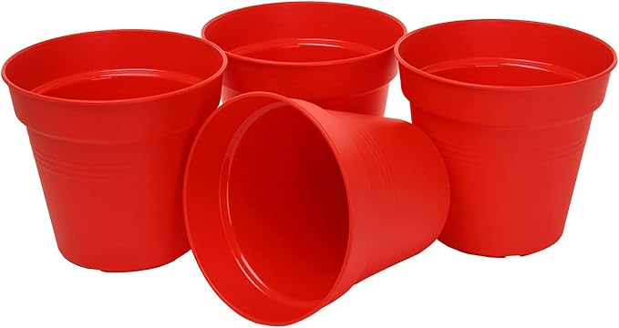 Mintra Home Garden Pots 4pk - Flowers, Herbs, Plants, Indoor, Outdoor, Colorful, Wholesale, Bulk (Red, 15cm Diameter (5.9in))
