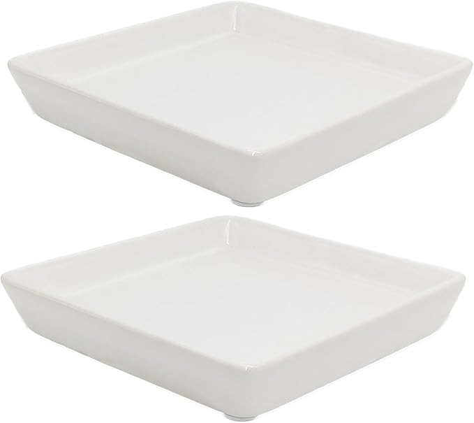 Square Plant Saucer 4 Inch 2 Pack，Plant Trays for Pots, White Ceramic Plant Saucers for Indoors Outdoors, Plant Drip tray 4 6 8 10 12 14 Inch