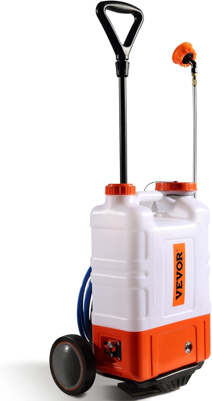 VEVOR 4 Gallon Battery Powered Backpack Sprayer with Wheeled Cart, Adjustable 0-94 PSI, 13FT Hose, 6 Nozzles, 2 Wands Included, Wide Mouth Lid for Weeding, Cleaning, Long Spray Time, White+Orange