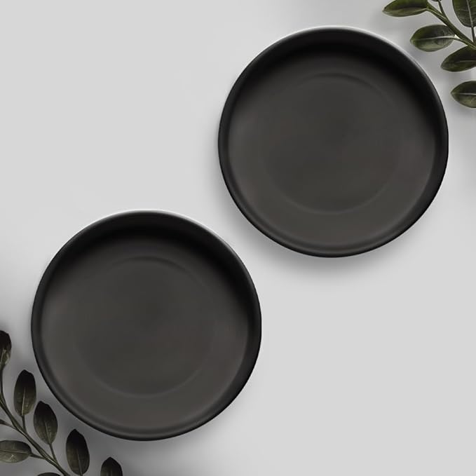 Willowy Heavy Duty Ceramic 6 Inch Plant Saucer - Pack of 2 - Scratch-Resistant Plant Plate for Pots less than 5.4" at the Base, Plants Saucers for Indoors, Plant Drip Trays, Black Ceramic Tray