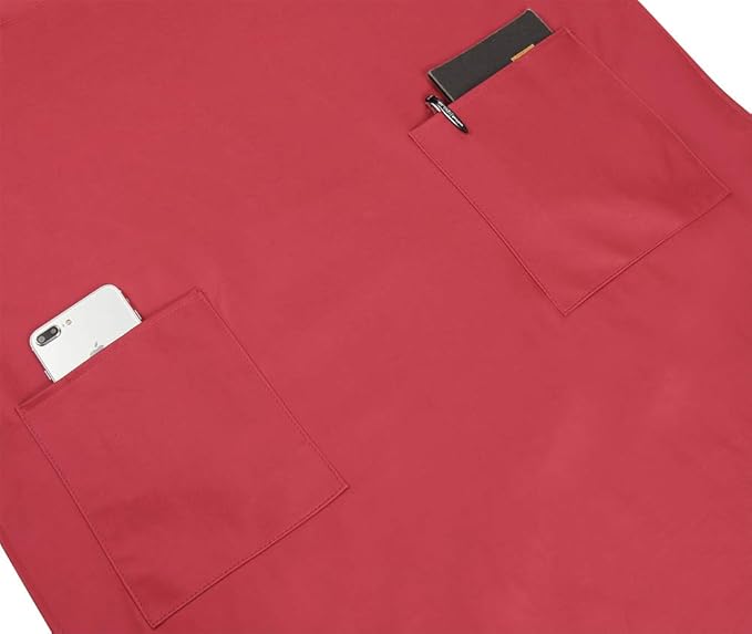 VWELL Waterproof Rubber Vinyl Apron for Women - Chemical Resistant Work Cloth with 2 Pockets - Adjustable Bib Butcher Apron - Best for DishWashing, Lab Work, Dog Grooming, Cleaning Fish (Red)