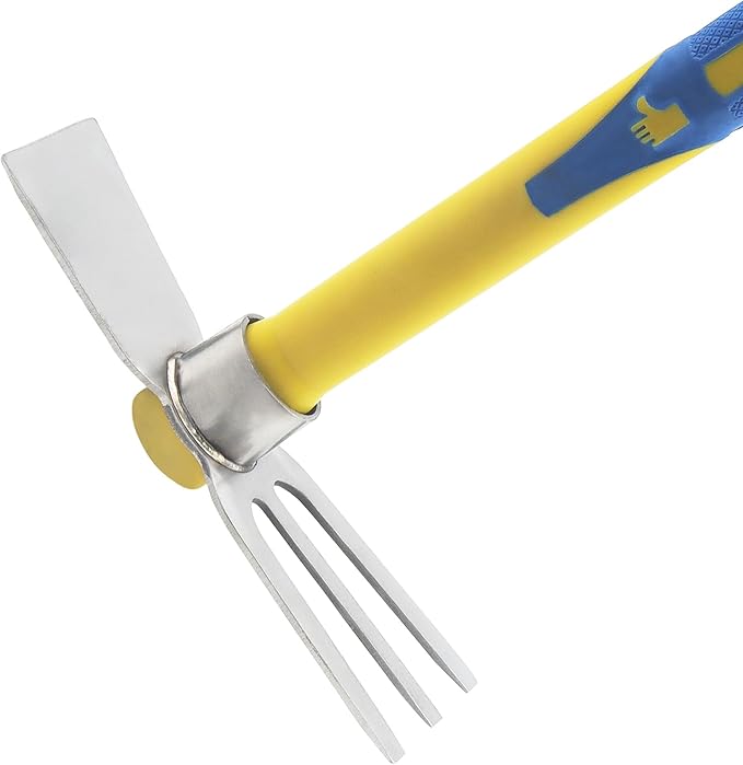 2 PCS Garden Hoe Tools, Stainless Steel Cultivator Hand Tiller and Hand Pick Axe with Fiberglass Handle, Pick Mattock Hoe for Planting Digging Weeding Gardening