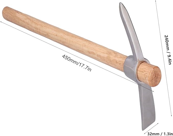 Pick Axe, Stainless Steel Rock Pick Pickaxes Mattock Hoe with Wooden Handle Pick Axe Hand Tool for Transplanting Planting Loosening Soil Prospecting