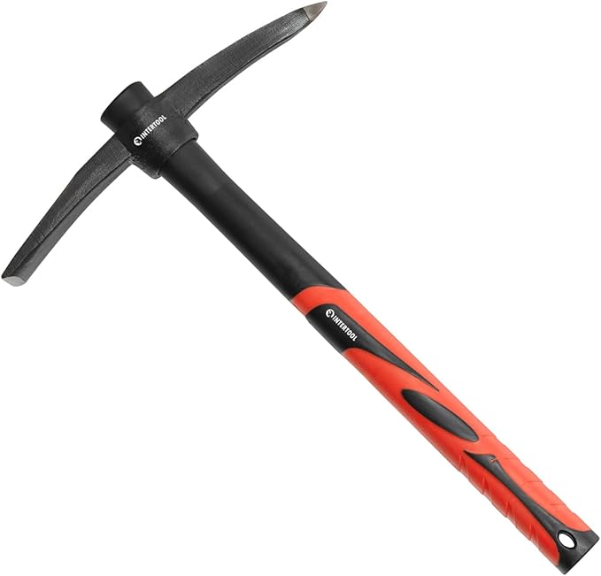 INTERTOOL Small Pickaxe - 1.5 lb Forged Steel Weeding Hoe – Pick Mattock 15-Inch with Anti-Slip Fiberglass Handle - Heavy-Duty Garden Tool for Roots, Rocks, Digging & Camping HT08-0303
