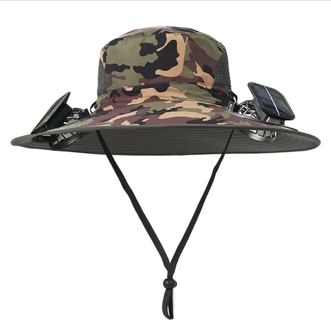 Solar Powered Fan Hat for Men & Women – UPF50+ Wide Brim Camo Sun Hat for Outdoor Hiking, Fishing, Camping, Gardening – Cooling Bucket Hat with USB Rechargeable Fan, UV Protection, Breathable Design