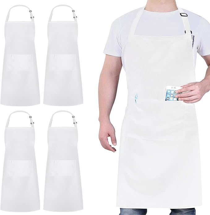 4 Packs Chef Apron, Waterproof Apron, Adjustable Aprons with 2 Pockets for Men Women, Professional Aprons for Kitchen Cooking Gardening Painting Baking Restaurant (White)